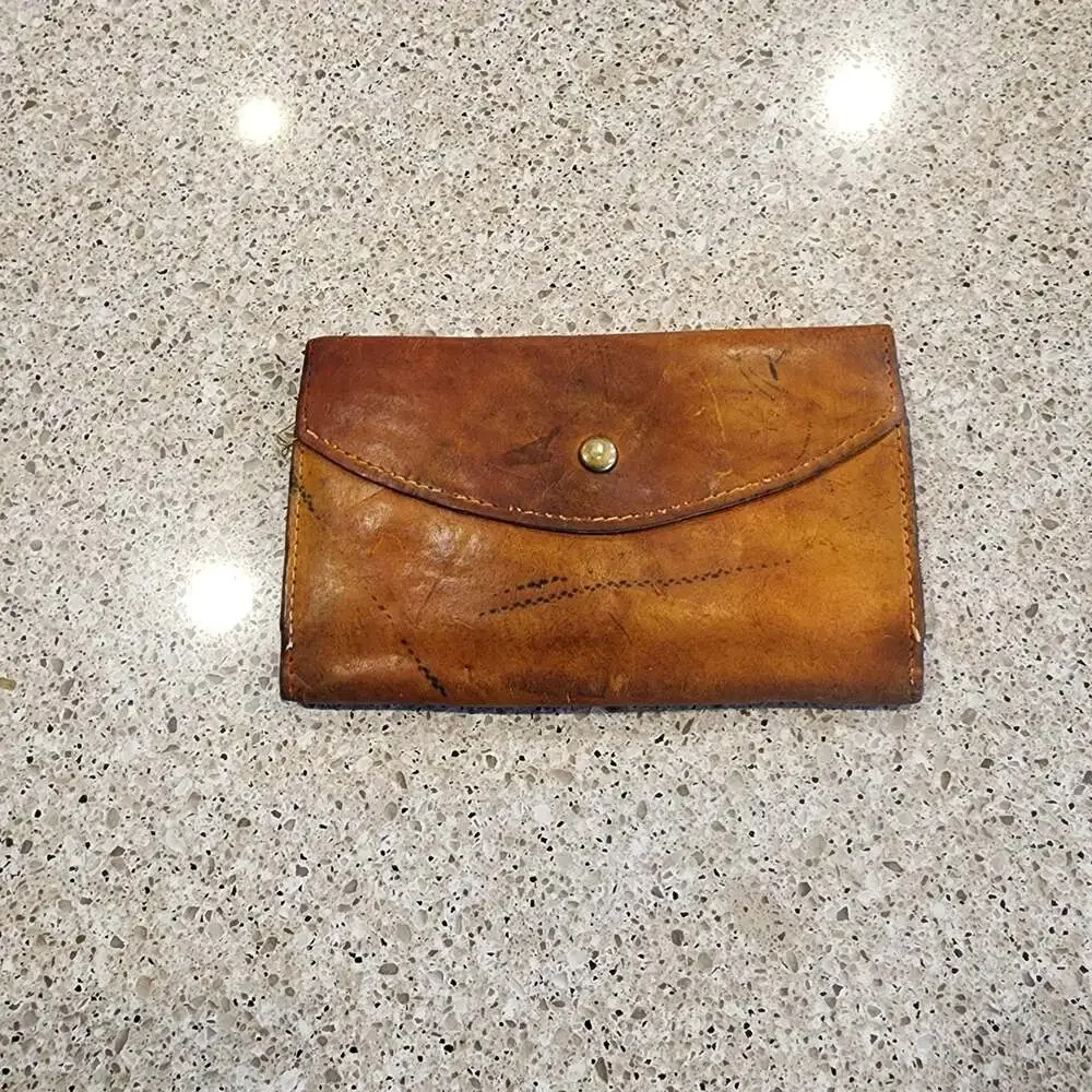 Vintage Hand-Stitched Distressed Brown Leather Folding Clutch Wallet